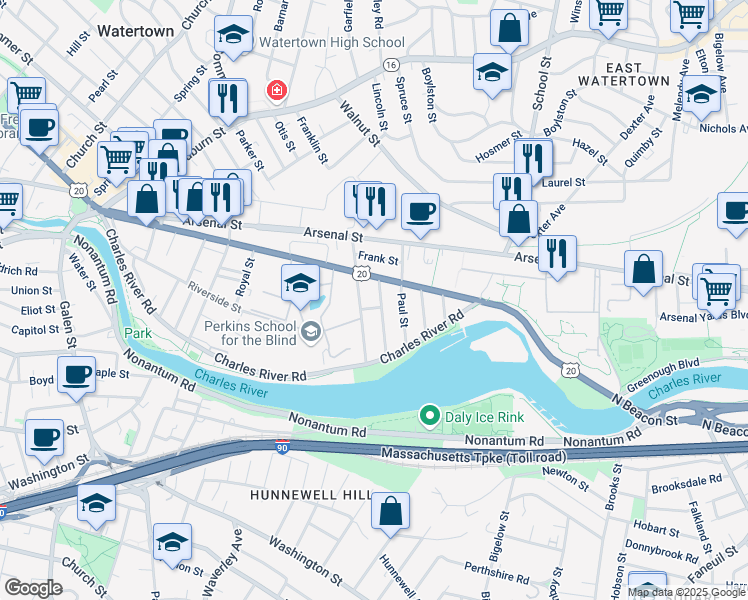 map of restaurants, bars, coffee shops, grocery stores, and more near 231 North Beacon Street in Watertown