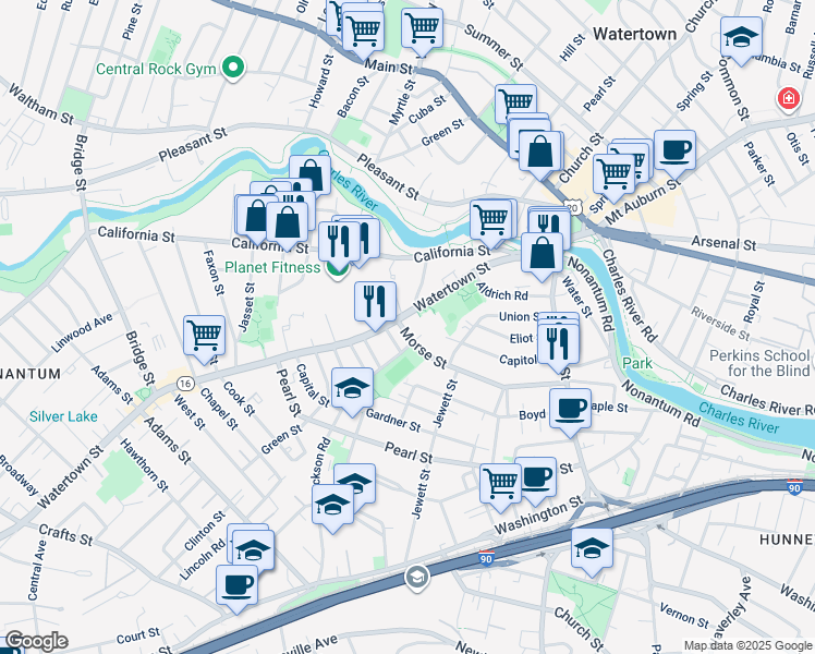 map of restaurants, bars, coffee shops, grocery stores, and more near in Watertown