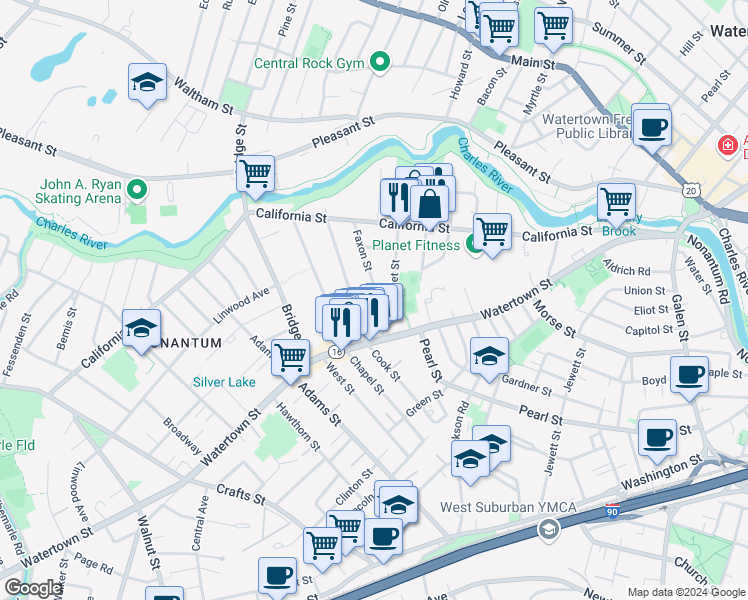 map of restaurants, bars, coffee shops, grocery stores, and more near 59 Faxon Street in Newton