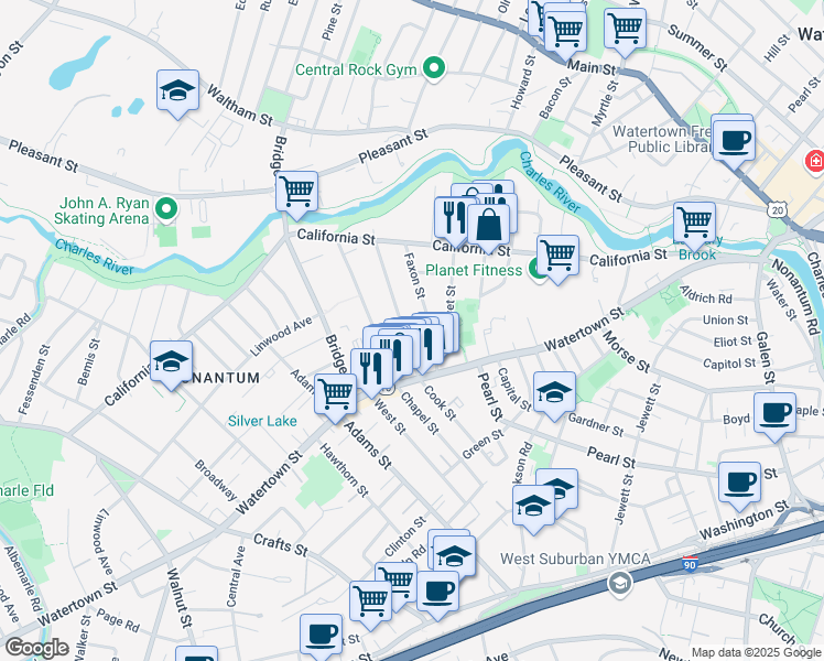 map of restaurants, bars, coffee shops, grocery stores, and more near 59 Faxon Street in Newton