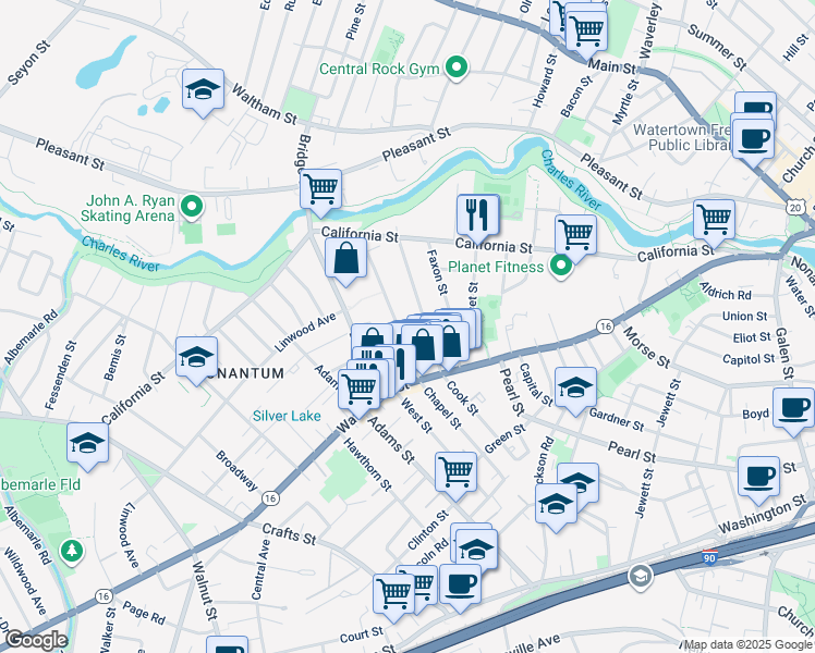 map of restaurants, bars, coffee shops, grocery stores, and more near in Newton