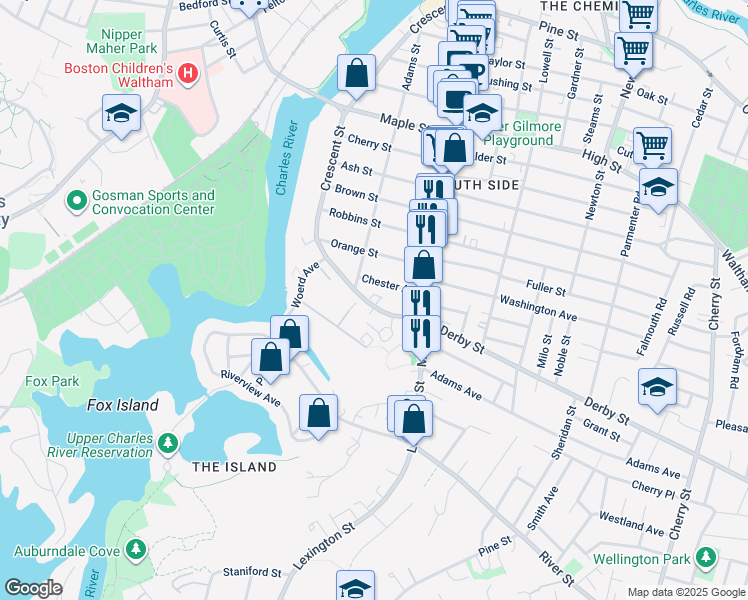 map of restaurants, bars, coffee shops, grocery stores, and more near 21 Chester Avenue in Waltham