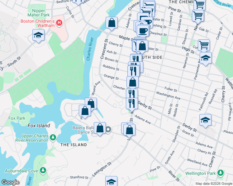 map of restaurants, bars, coffee shops, grocery stores, and more near 21 Chester Avenue in Waltham
