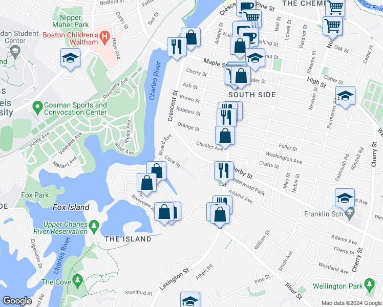 map of restaurants, bars, coffee shops, grocery stores, and more near 334 Crescent Street in Waltham