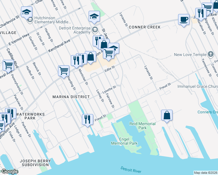 map of restaurants, bars, coffee shops, grocery stores, and more near 651 Lillibridge Street in Detroit