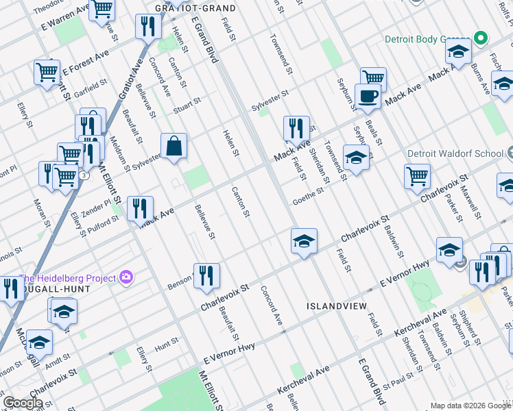 map of restaurants, bars, coffee shops, grocery stores, and more near 3268 Canton Street in Detroit