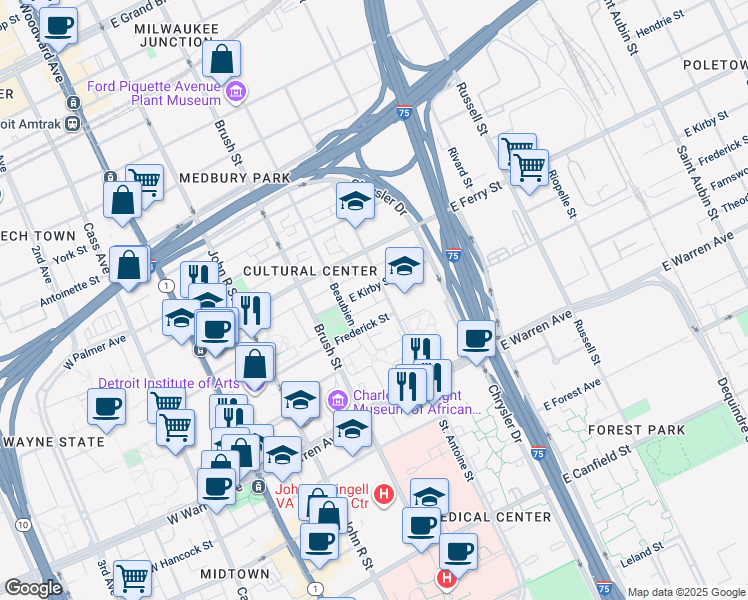 map of restaurants, bars, coffee shops, grocery stores, and more near 575 East Kirby Street in Detroit