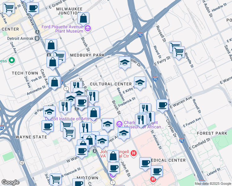 map of restaurants, bars, coffee shops, grocery stores, and more near 5440 Beaubien Boulevard in Detroit