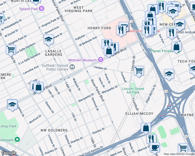map of restaurants, bars, coffee shops, grocery stores, and more near 1820 Ferry Park Street in Detroit