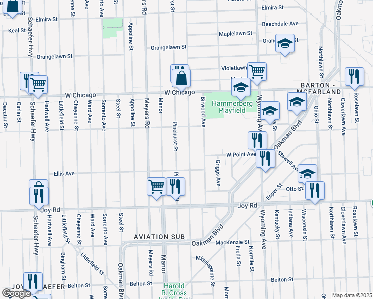 map of restaurants, bars, coffee shops, grocery stores, and more near 9235 Mendota Street in Detroit