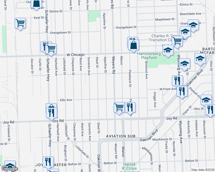 map of restaurants, bars, coffee shops, grocery stores, and more near 9240 Appoline Street in Detroit