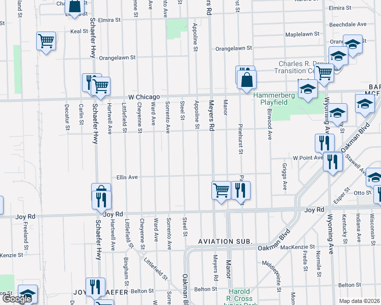 map of restaurants, bars, coffee shops, grocery stores, and more near 9240 Appoline Street in Detroit