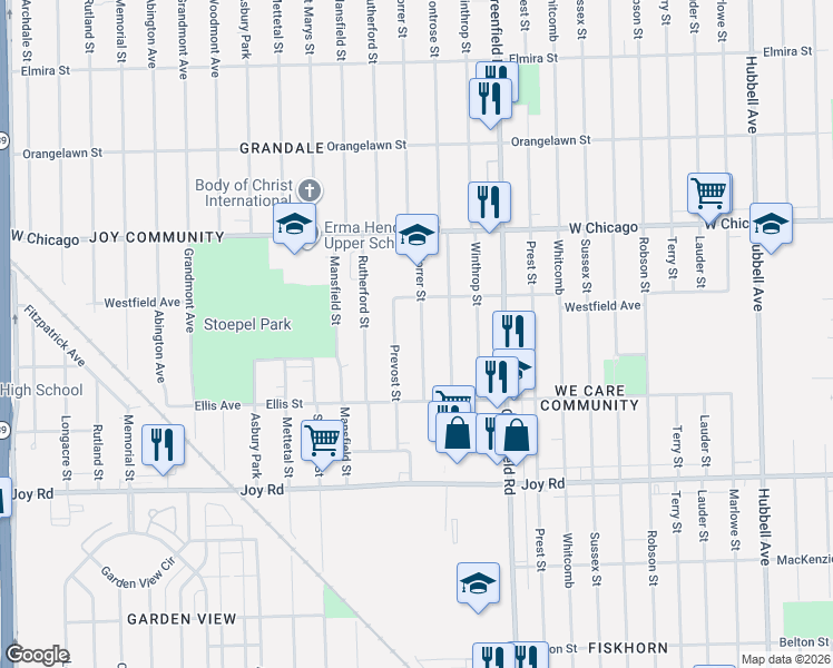 map of restaurants, bars, coffee shops, grocery stores, and more near 9213 Forrer Street in Detroit