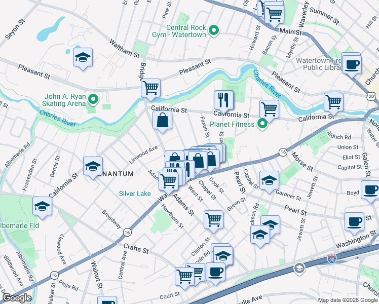 map of restaurants, bars, coffee shops, grocery stores, and more near 84 Chapel Street in Newton