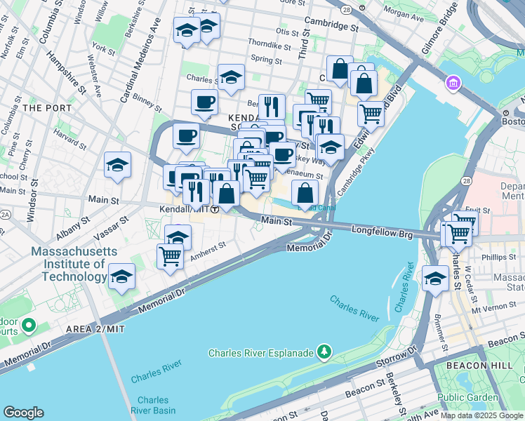 map of restaurants, bars, coffee shops, grocery stores, and more near 165 Main Street in Cambridge
