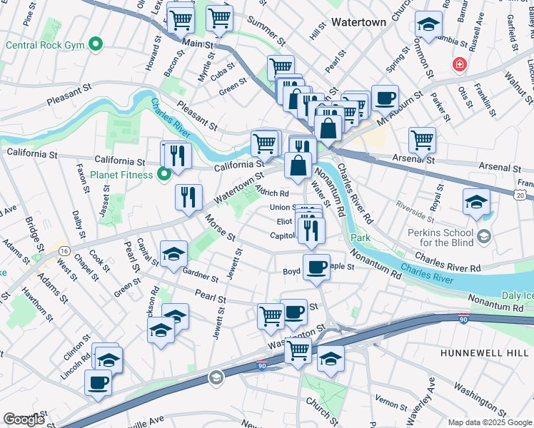 map of restaurants, bars, coffee shops, grocery stores, and more near 49 Union Street in Watertown
