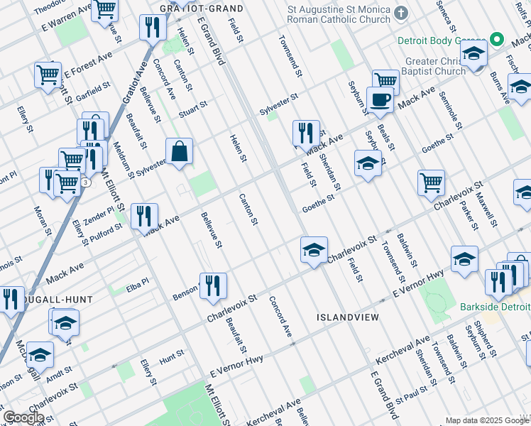 map of restaurants, bars, coffee shops, grocery stores, and more near 3268 Canton Street in Detroit