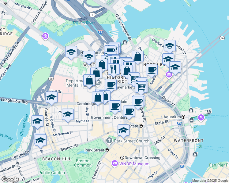map of restaurants, bars, coffee shops, grocery stores, and more near 50 New Chardon Street in Boston