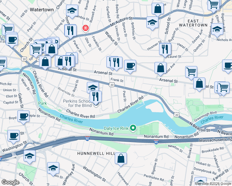 map of restaurants, bars, coffee shops, grocery stores, and more near 231 North Beacon Street in Watertown