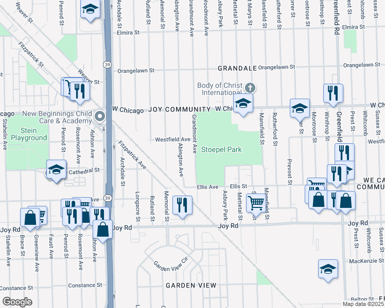 map of restaurants, bars, coffee shops, grocery stores, and more near 9197 Grandmont Avenue in Detroit