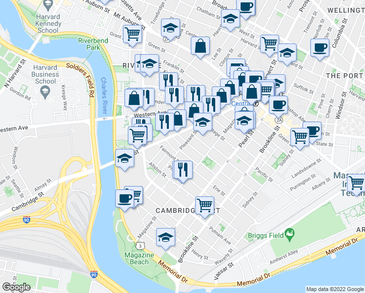 map of restaurants, bars, coffee shops, grocery stores, and more near Pleasant St in Mid-Cambridge