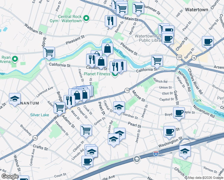 map of restaurants, bars, coffee shops, grocery stores, and more near 18 Lyons Court in Watertown