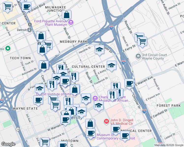 map of restaurants, bars, coffee shops, grocery stores, and more near 5440 Beaubien Boulevard in Detroit