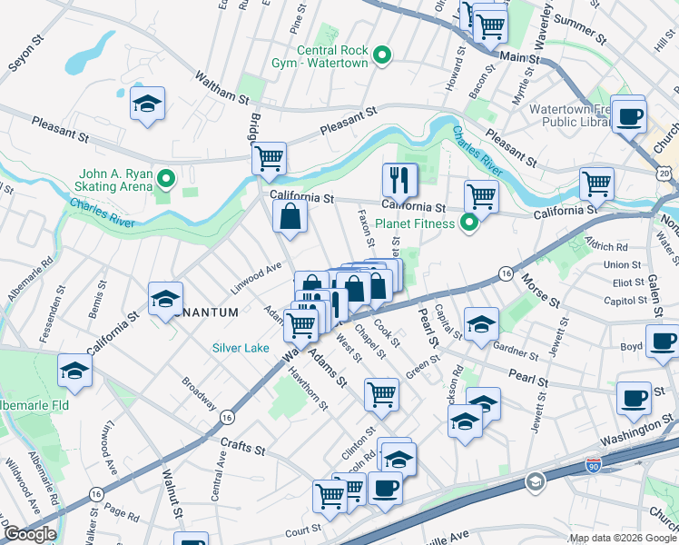 map of restaurants, bars, coffee shops, grocery stores, and more near 84 Chapel Street in Newton