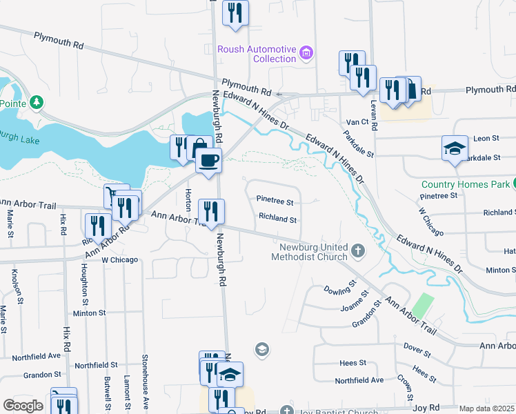 map of restaurants, bars, coffee shops, grocery stores, and more near 36811 Angeline Circle in Livonia