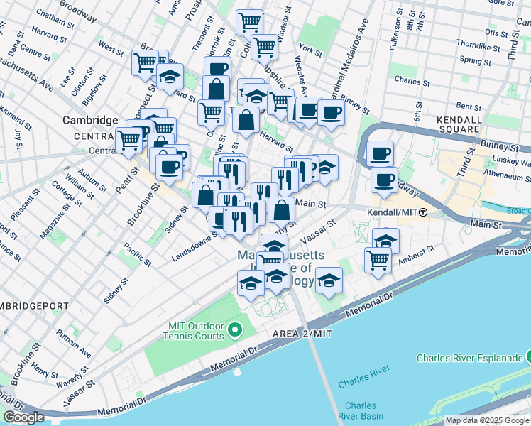 map of restaurants, bars, coffee shops, grocery stores, and more near 730 Main Street in Cambridge