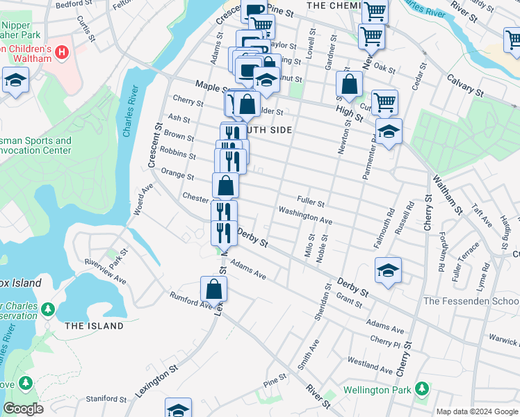 map of restaurants, bars, coffee shops, grocery stores, and more near 41 Washington Avenue in Waltham