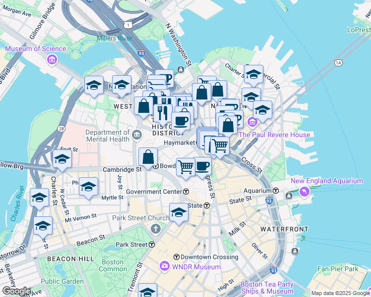 map of restaurants, bars, coffee shops, grocery stores, and more near 125 Bowker Street in Boston