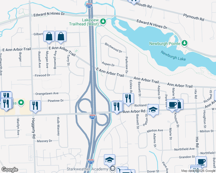 map of restaurants, bars, coffee shops, grocery stores, and more near 39715 Greenview Place in Plymouth