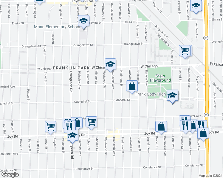 map of restaurants, bars, coffee shops, grocery stores, and more near 9251 Grandville Avenue in Detroit