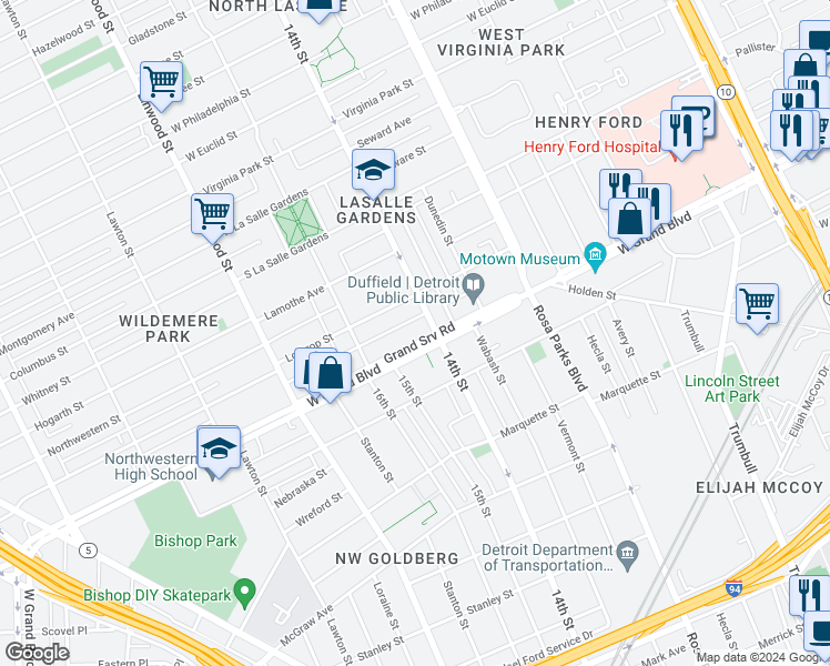 map of restaurants, bars, coffee shops, grocery stores, and more near 2445 W Grand Blvd in Detroit