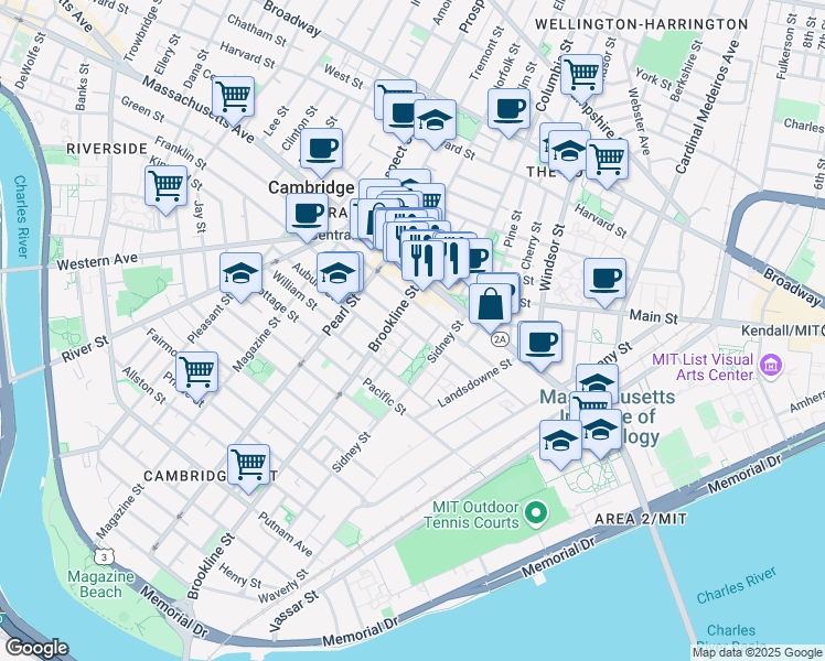 map of restaurants, bars, coffee shops, grocery stores, and more near 129 Franklin Street in Cambridge