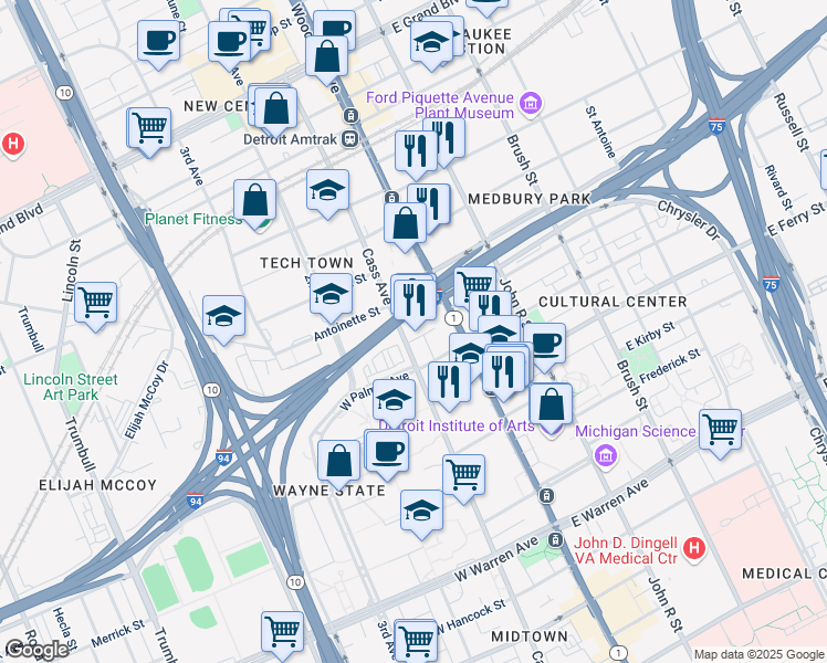 map of restaurants, bars, coffee shops, grocery stores, and more near 5800 Cass Avenue in Detroit