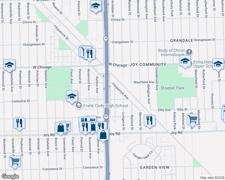 map of restaurants, bars, coffee shops, grocery stores, and more near 9267 Archdale Street in Detroit