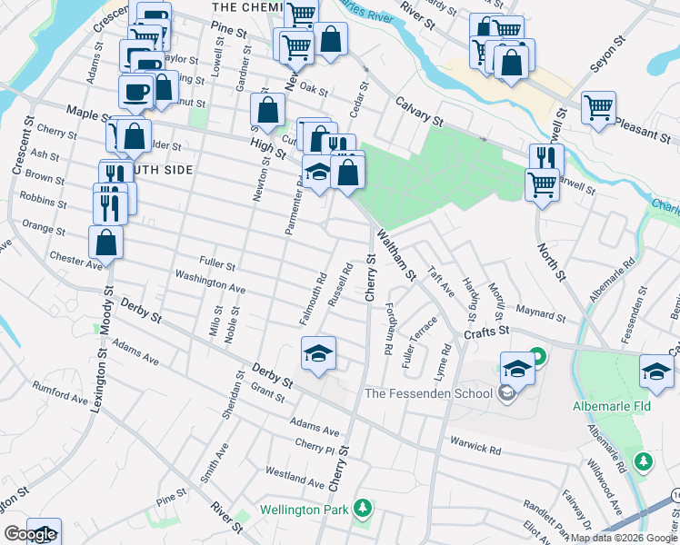 map of restaurants, bars, coffee shops, grocery stores, and more near 126 Russell Road in Newton