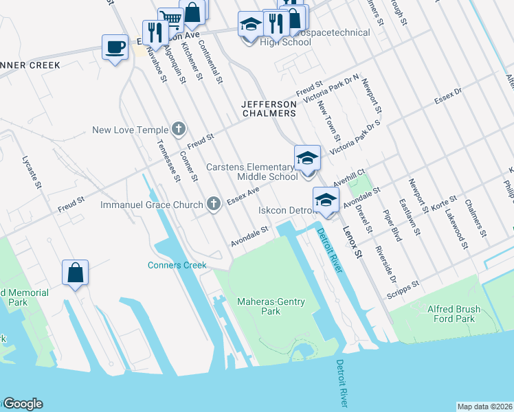 map of restaurants, bars, coffee shops, grocery stores, and more near 497 Kitchener Street in Detroit