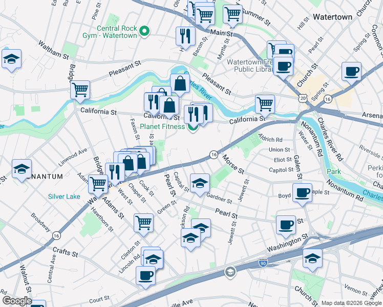 map of restaurants, bars, coffee shops, grocery stores, and more near 25 Lyons Court in Watertown
