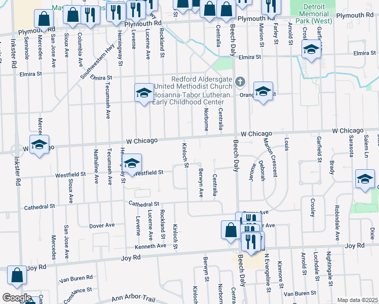map of restaurants, bars, coffee shops, grocery stores, and more near 9355 Kimland Court in Redford Charter Township