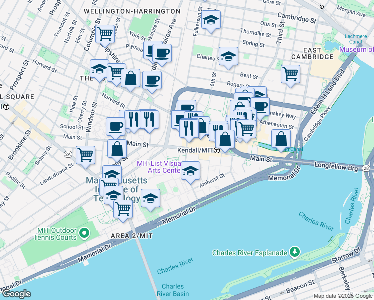 map of restaurants, bars, coffee shops, grocery stores, and more near 75 Ames Street in Cambridge