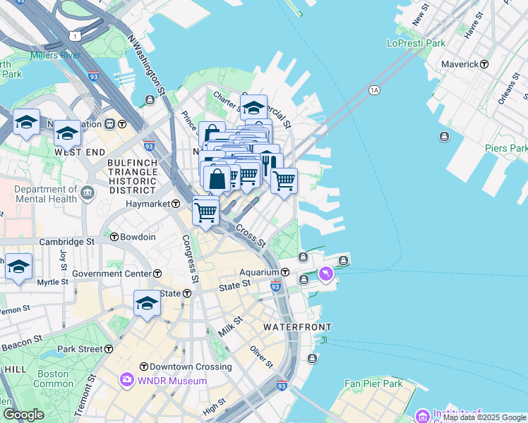 map of restaurants, bars, coffee shops, grocery stores, and more near 35 Quincy Court in Boston
