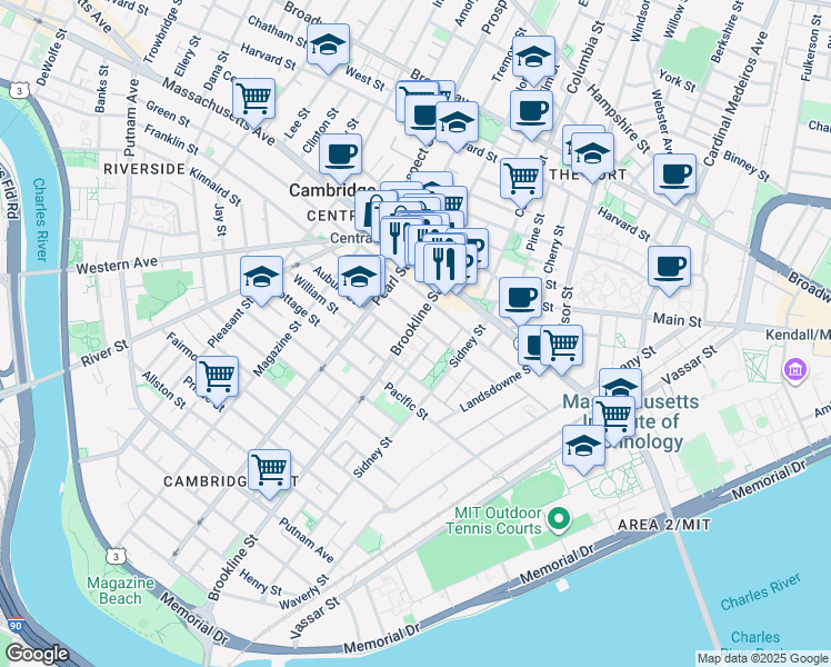 map of restaurants, bars, coffee shops, grocery stores, and more near 172 Franklin Street in Cambridge