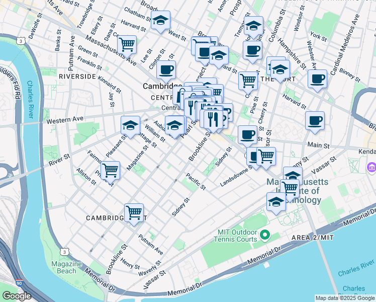 map of restaurants, bars, coffee shops, grocery stores, and more near 172 Franklin Street in Cambridge