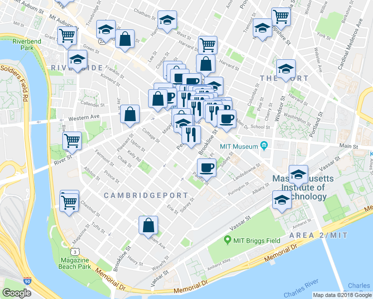 map of restaurants, bars, coffee shops, grocery stores, and more near 71 Pearl Street in Cambridge