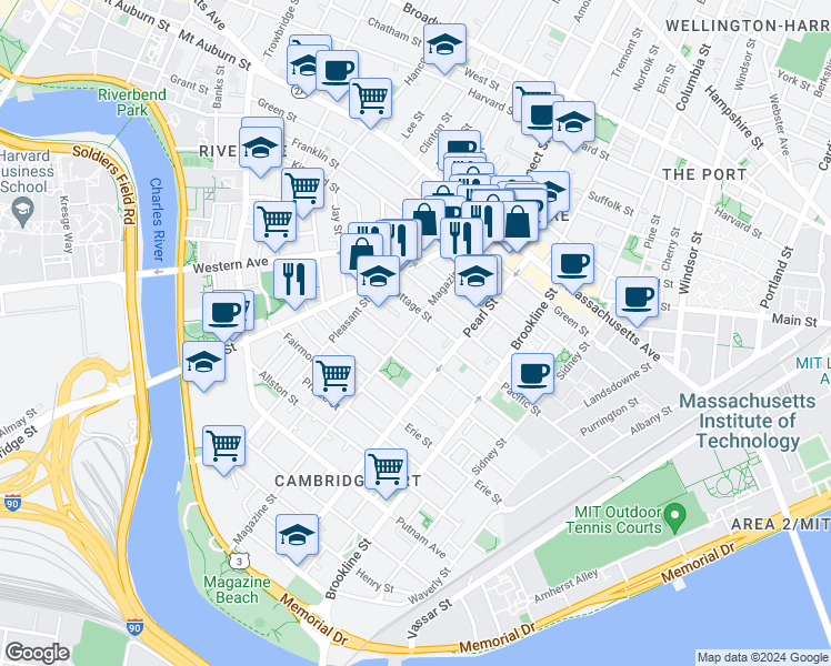 map of restaurants, bars, coffee shops, grocery stores, and more near 17 Pleasant Place in Cambridge