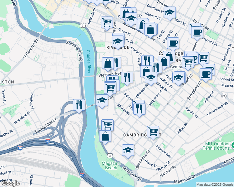 map of restaurants, bars, coffee shops, grocery stores, and more near 327 River Street in Cambridge