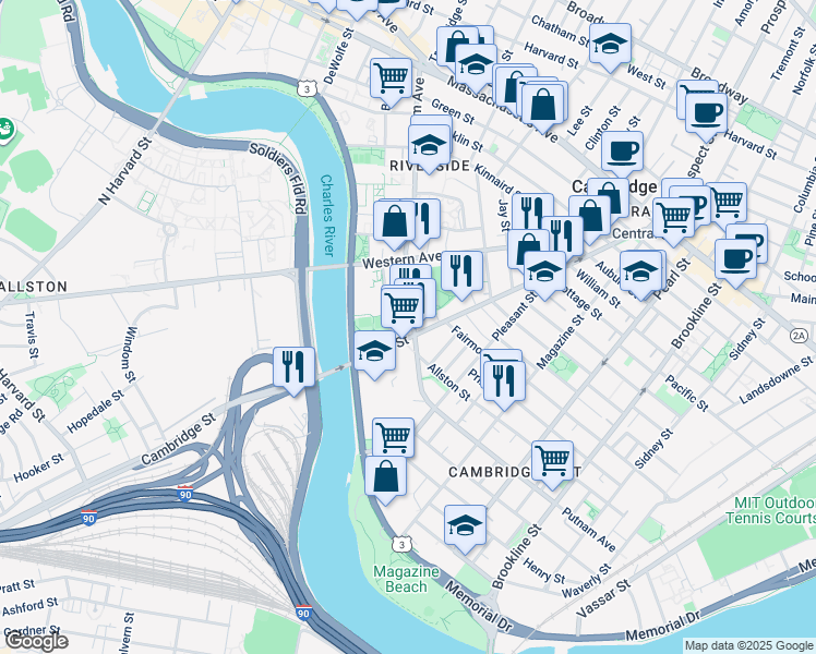 map of restaurants, bars, coffee shops, grocery stores, and more near 327 River Street in Cambridge